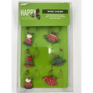 Glassware Stem Tags Rings - 6 Wine Charms - Happy Holidays Christmas